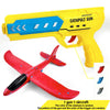 Yellow catapult gun and a red foam airplane are shown together.