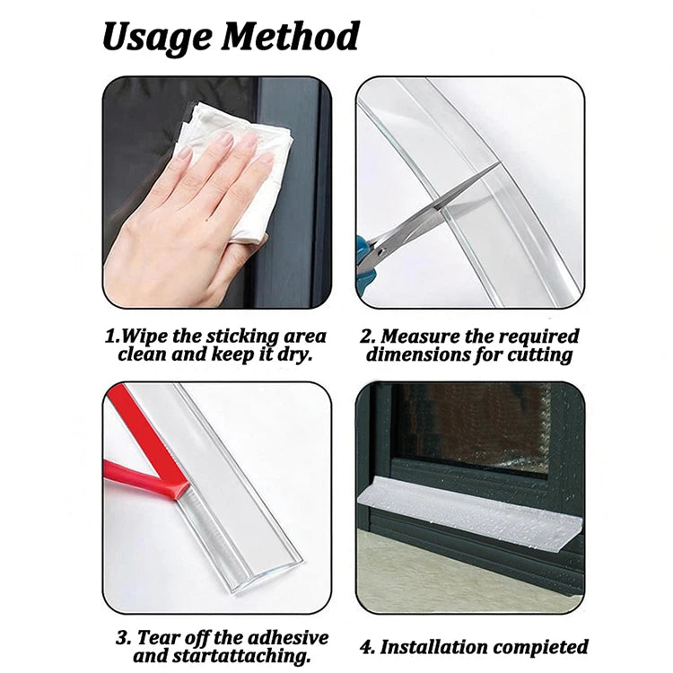 Instructions showing how to use a self-adhesive transparent sealing strip for installation.