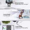 A 3-in-1 foldable magnetic wireless charging stand demonstrating horizontal, vertical, and folded modes for an iPhone.