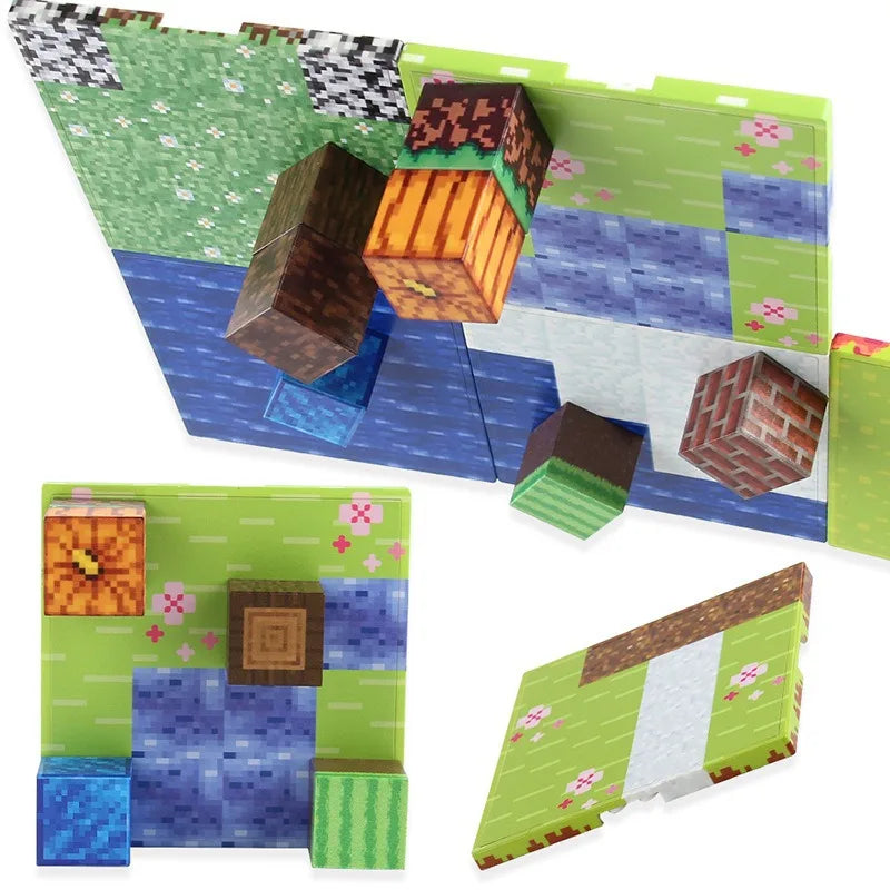 A set of magnetic building blocks base plates featuring various colored and textured pieces.