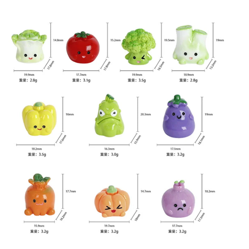 A collection of hand-painted resin vegetable figurines in various colors and sizes for fairy garden and home decor.
