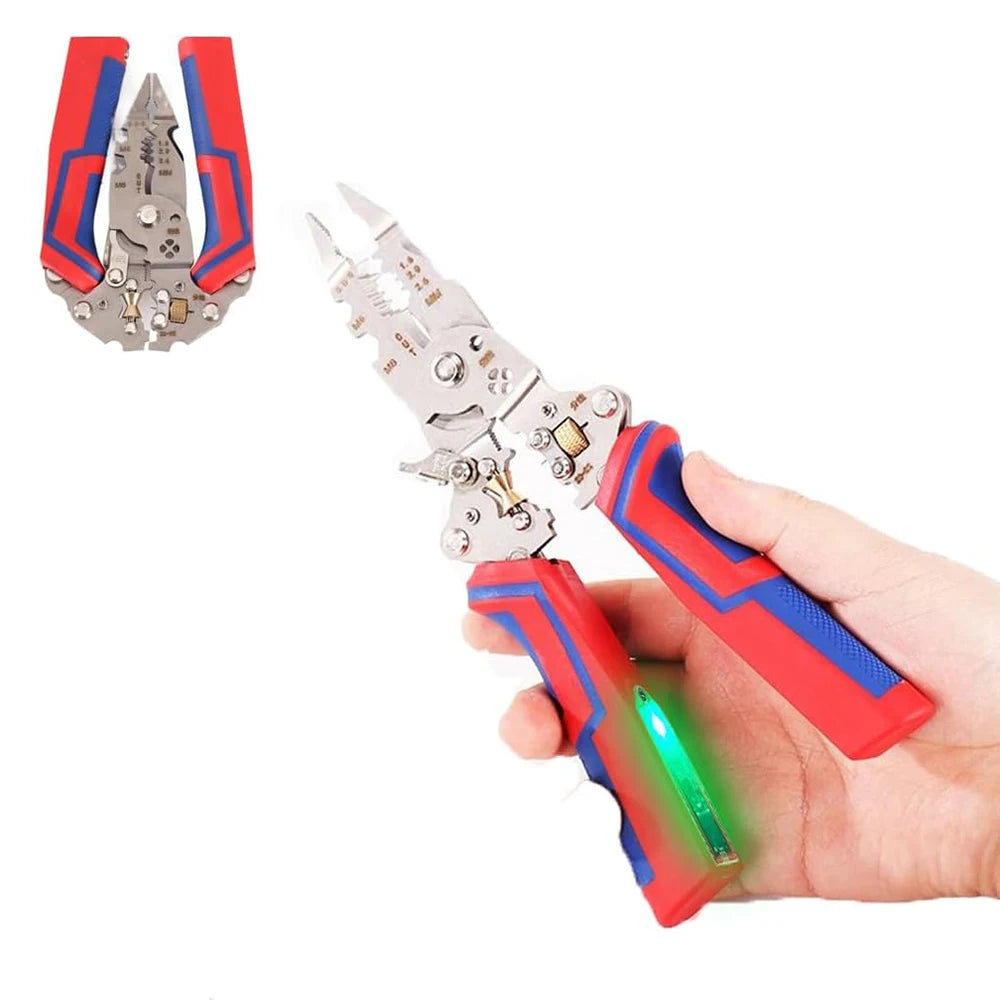 A hand holds a red and blue multi-function wire stripper and crimping tool with a green light.