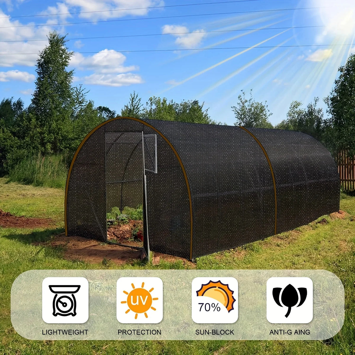 A black shade cloth structure is installed outdoors under bright sunlight, showing its lightweight, protection, sun-block, an