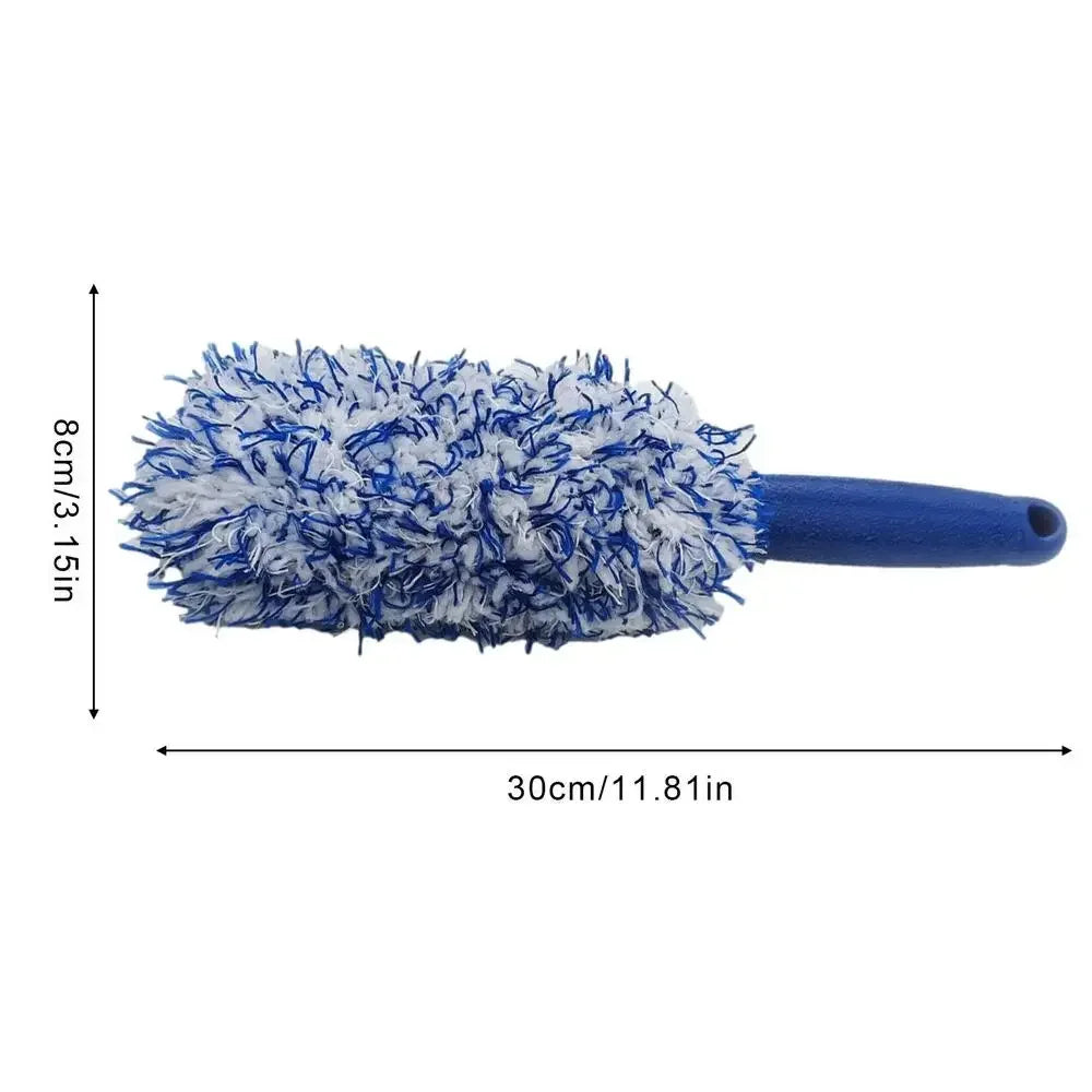 A blue super plush wheel cleaning brush with an ergonomic handle shown against a white background.