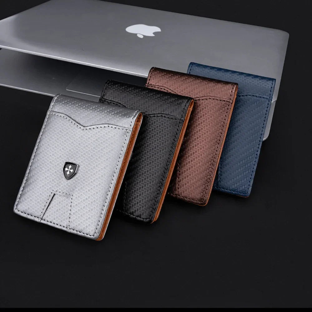 A set of five slim RFID-blocking wallets in various colors including silver, gray, brown, and blue displayed next to an Apple