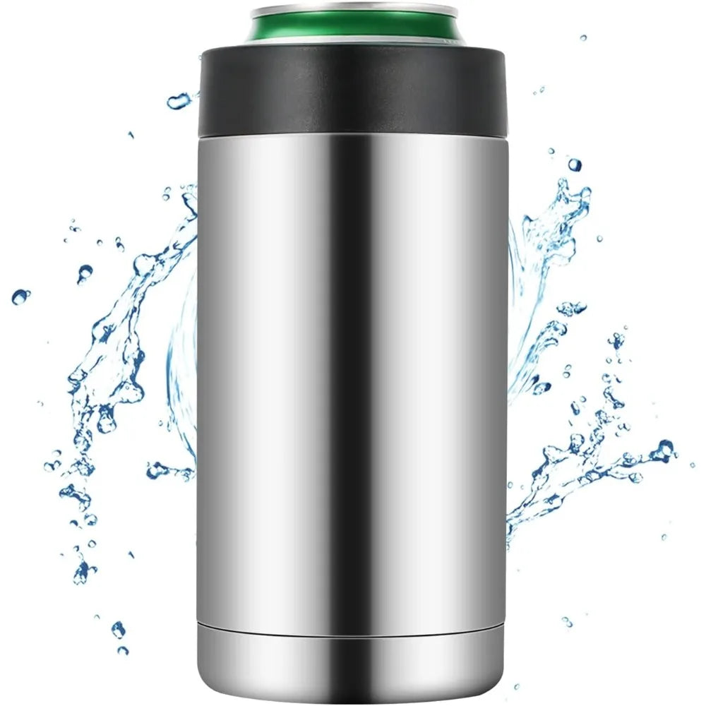 A silver double-wall vacuum-insulated stainless steel can and bottle cooler with condensation splashing around it.