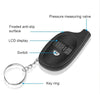A black digital tire pressure gauge featuring a frosted anti-slip surface, LCD display, pressure measuring valve, and key rin