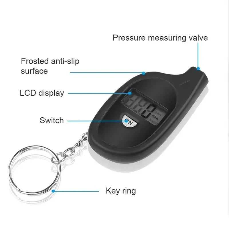 A black digital tire pressure gauge featuring a frosted anti-slip surface, LCD display, pressure measuring valve, and key rin