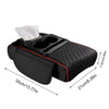 Black car armrest cushion with cup holders and storage compartment shown with a tissue inside.