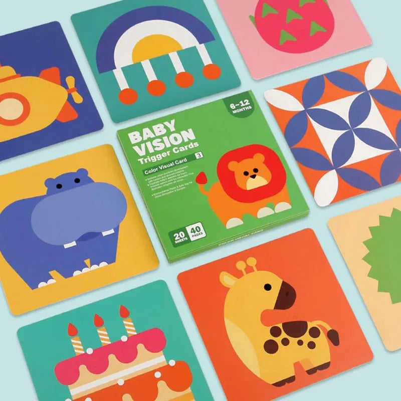 A collection of colorful baby vision trigger cards featuring animals and shapes.