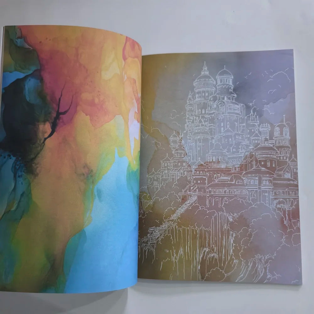 Feuille d'un livre de coloriage au trait montrant un paysage aquarelle et une illustration détaillée d'une ville de cathédral