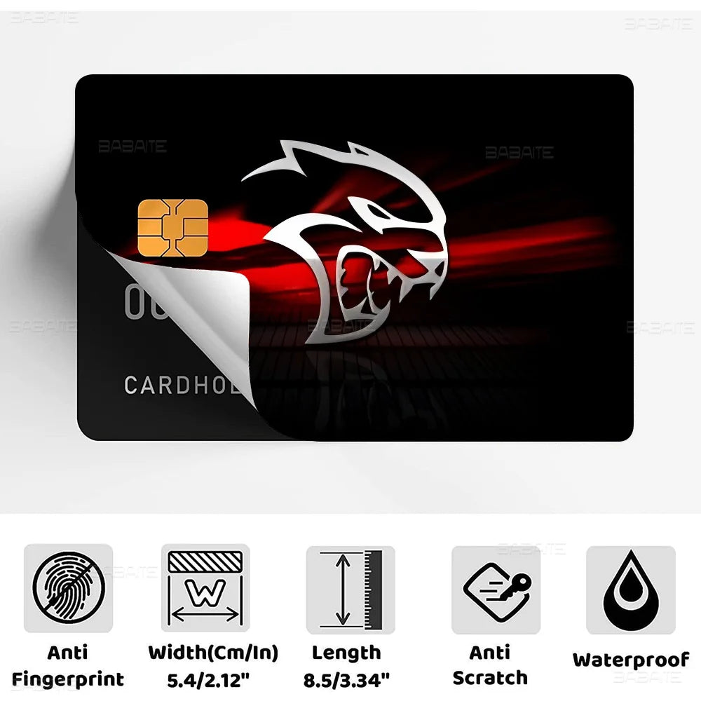 A black card holder featuring a red and silver graphic of a Dodge Hellcat Demon logo.
