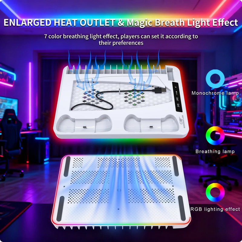 PS5 Cooling Stand with RGB Lighting & Dual Controller Charger