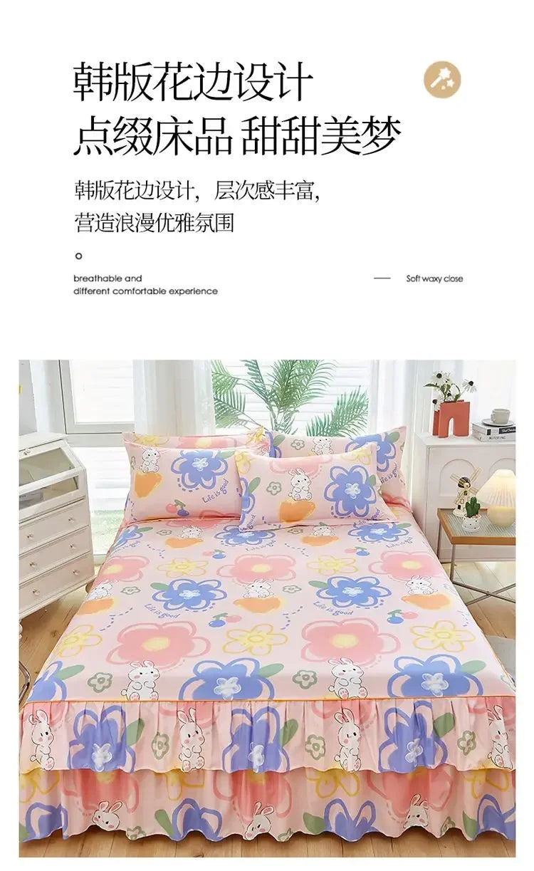 Floral Bed Skirt Set with Anti-Slip Mattress Cover
