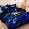 A dark blue and black duvet cover featuring a print of wolves and blue roses.