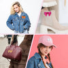 A collection of five sequin bow patches for DIY crafts shown on a denim jacket and pink hat.