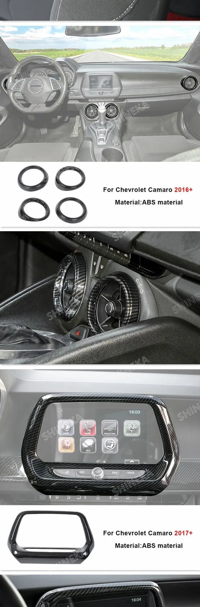Carbon fiber interior trim kit for Chevrolet Camaro 2017+ showing various components like steering wheel and audio controls