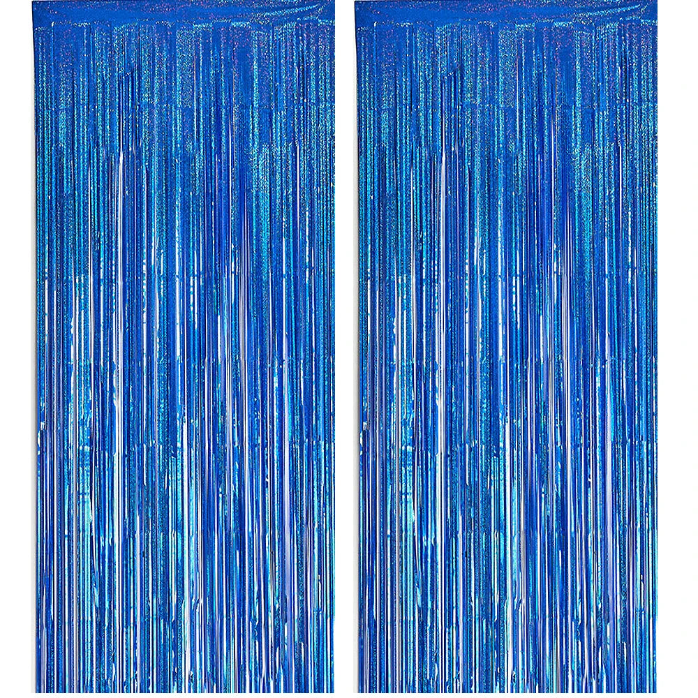 Dos paneles verticales de flecos de papel de aluminio de color oro rosa brillante y azul reluciente