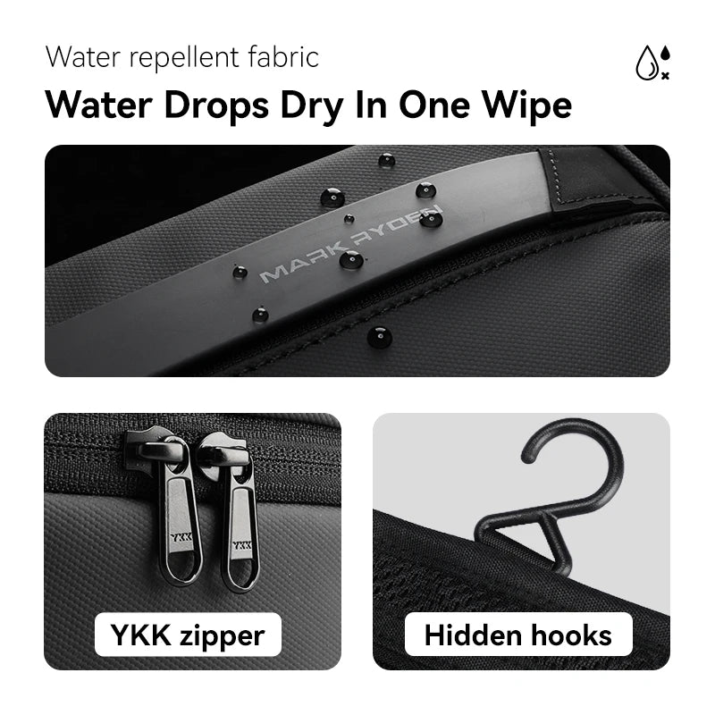 Close-up of a black fabric water repellent material and YKK zipper with hidden hooks on a toiletry bag
