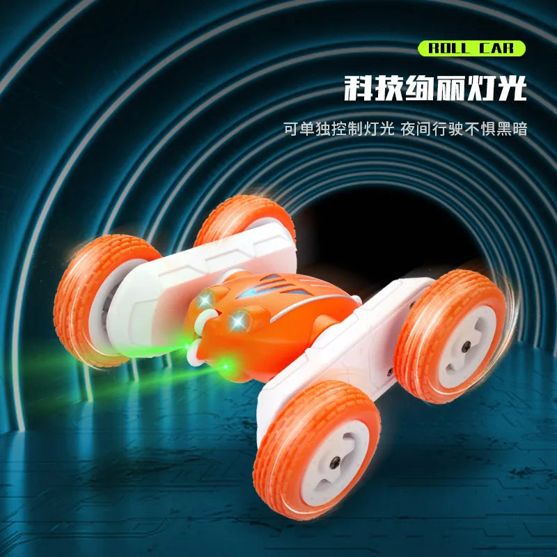 An orange and white remote control car with bright LED lights is shown against a dark blue background.