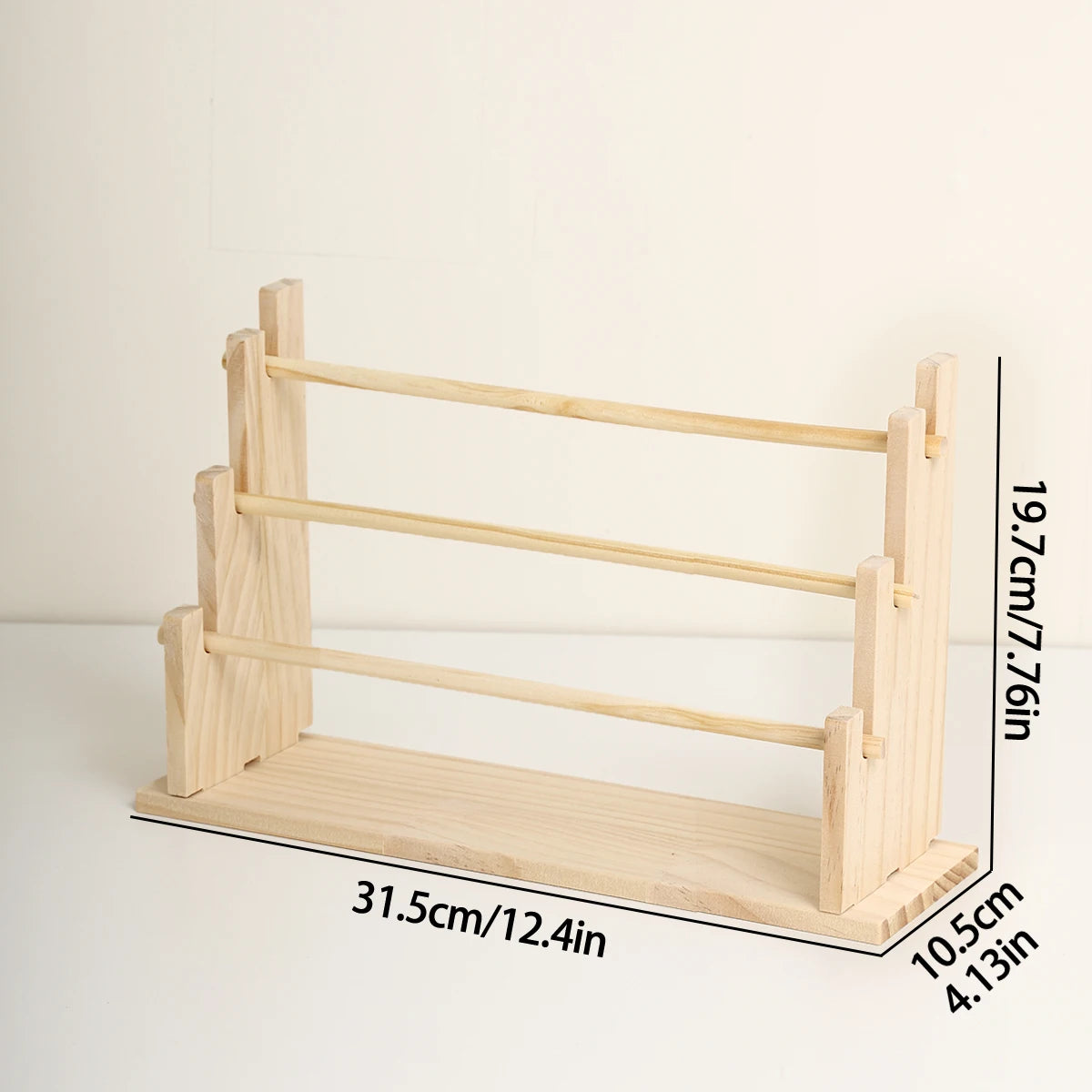 Solid wood ladder jewelry organizer with multiple storage tiers shown in a side view.