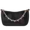 Black crocodile embossed leather handbag with a silver chain strap