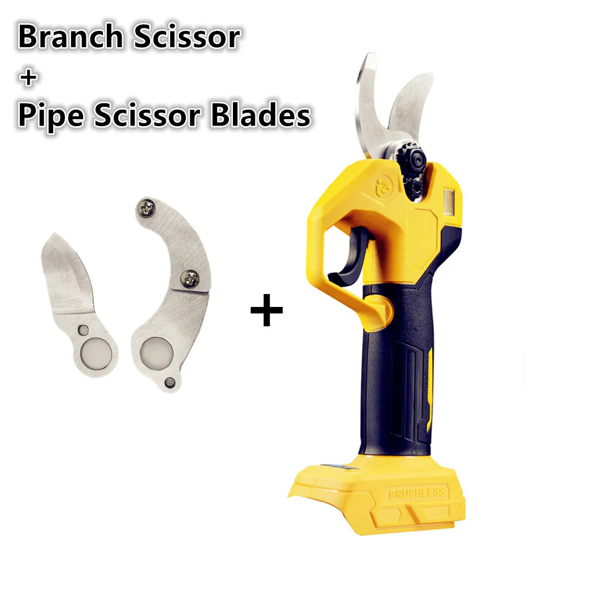 A yellow cordless branch scissor tool with pipe scissor blades and a cutting shear assembly.