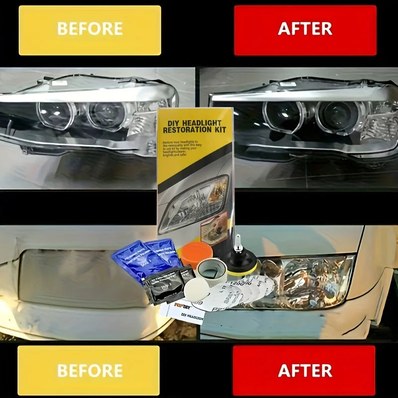 Before and after comparison of a headlight restoration kit applied to a car's headlight lens.
