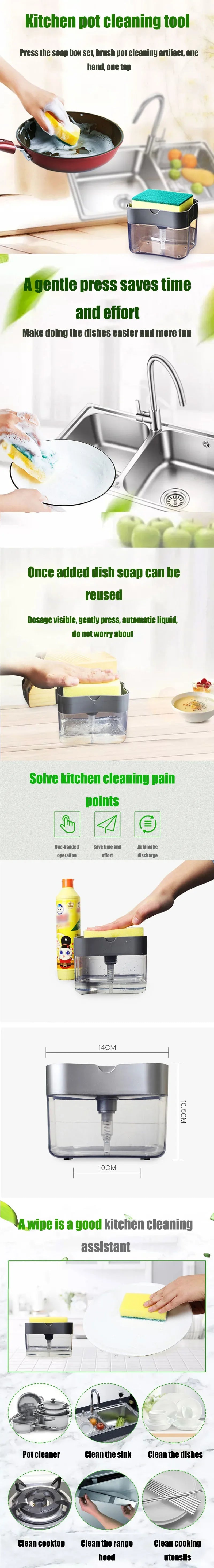 A clear plastic dispenser for dish soap and sponge, designed to save time and effort in kitchen cleaning.