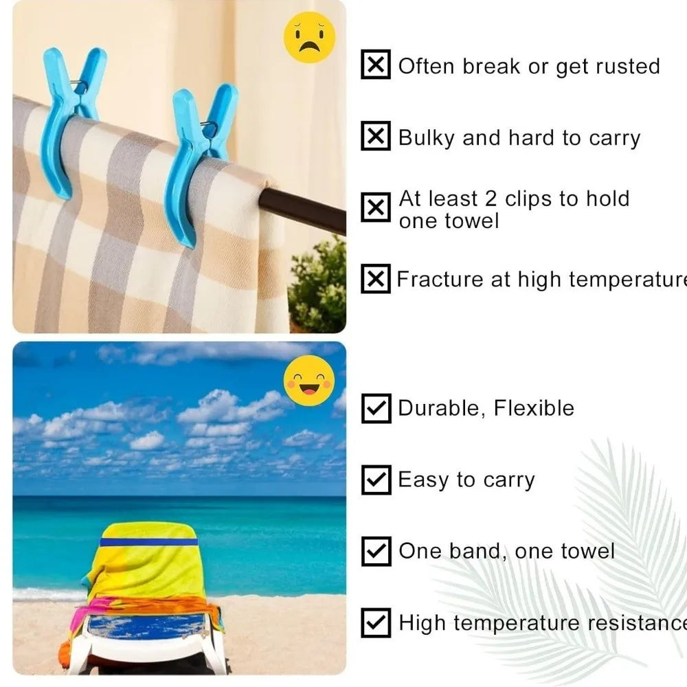 Un juego de bandas de silicona azul para sujetar una toalla de playa, demostrando durabilidad y facilidad de transporte.