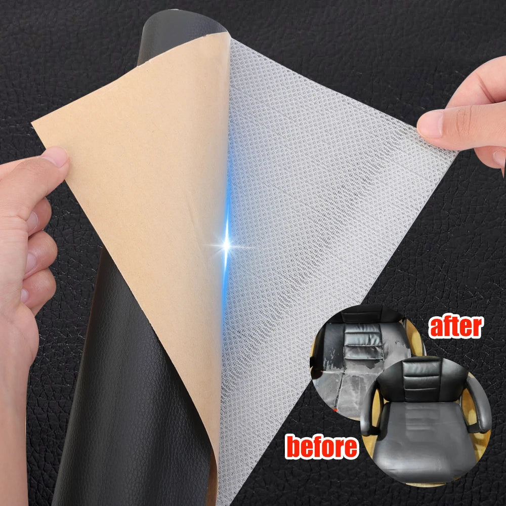 Self-adhesive leather repair tape being applied to a black sofa or chair surface.