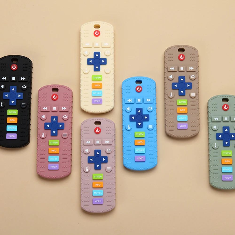 A collection of silicone remote control teethers in various colors and designs for babies.