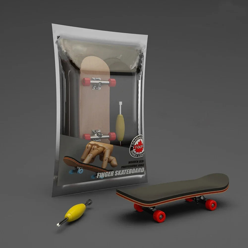 A wooden finger skateboard is shown inside its protective plastic case, with the board and a yellow grip shown outside.