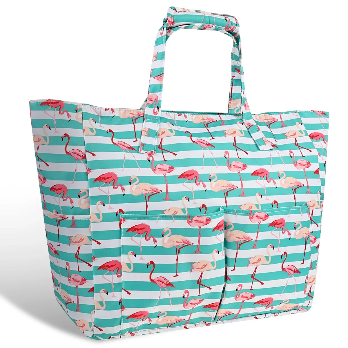 Sac de plage imperméable rayé bleu sarcelle et rose avec poche mouillée imprimée de flamants roses.