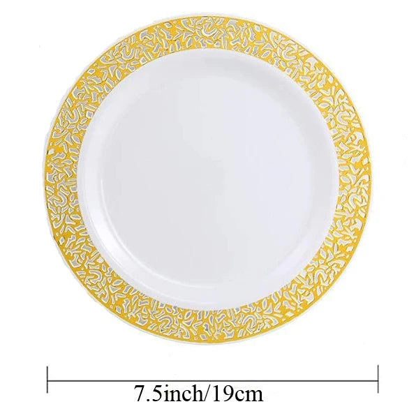 Elegant White Disposable Dinner Plates with Silver Lace Design