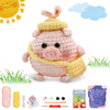 A beginner crochet kit featuring a pink pig toy, yarn, and tools for animal crafting.