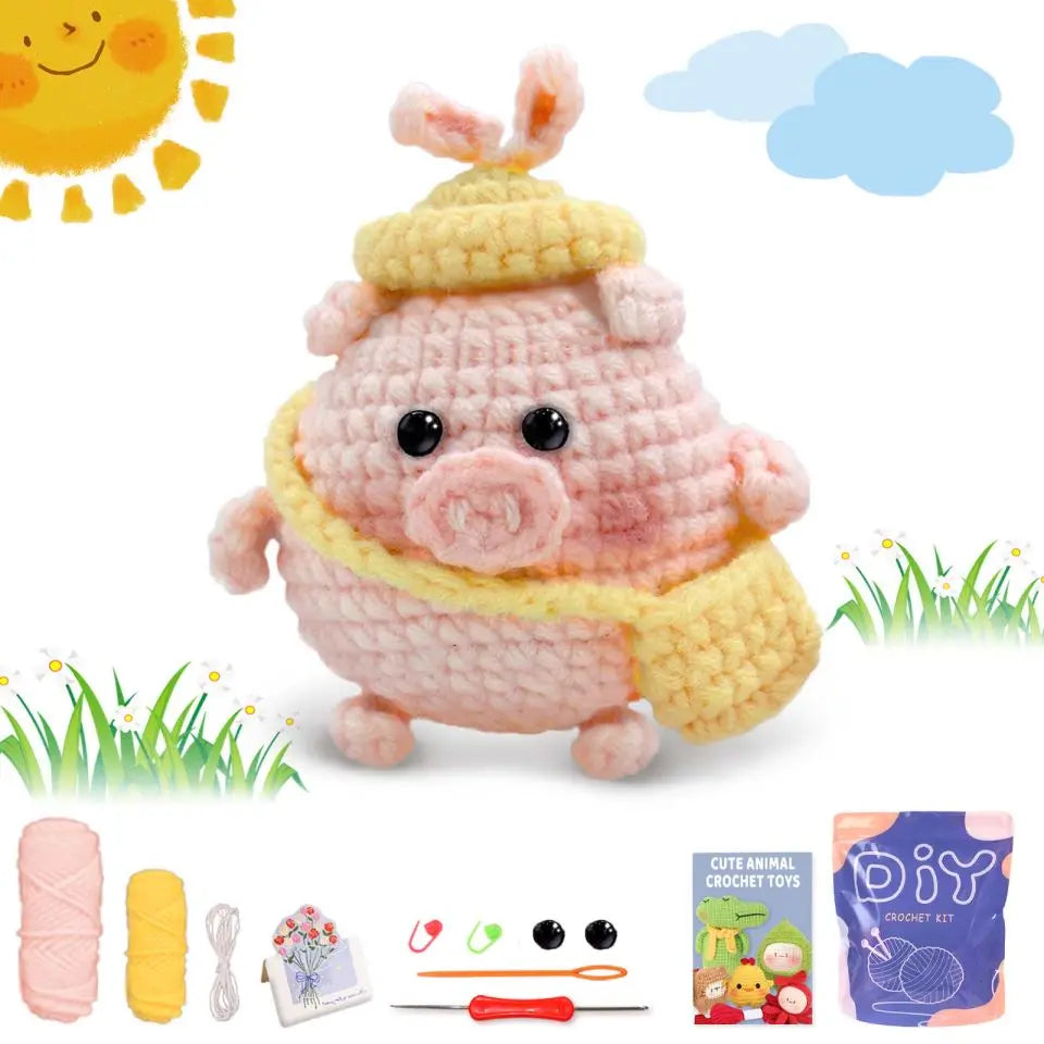 A beginner crochet kit featuring a pink pig toy, yarn, and tools for animal crafting.