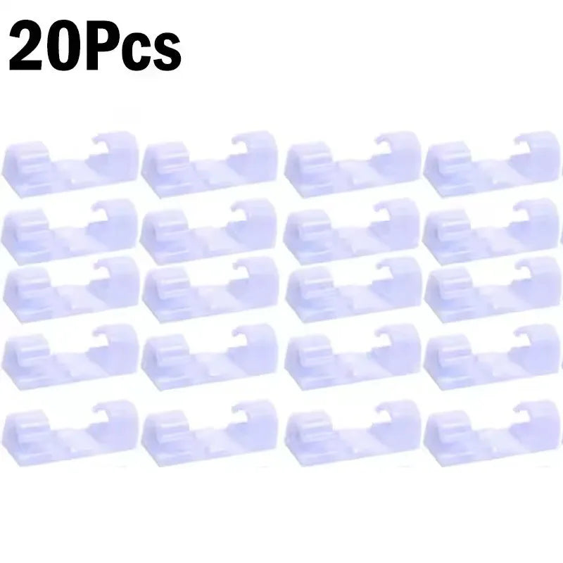 A set of 20 white self-adhesive cable clips used for wire management.