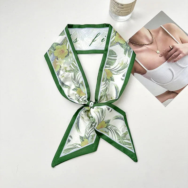 Floral Print Silk Hair Scarf for Women – Long Ribbon Headband