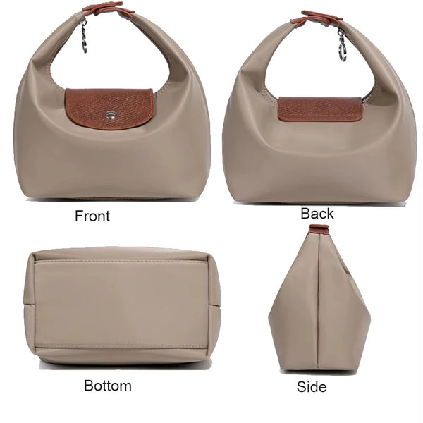 A beige waterproof nylon crossbody bag shown from the front, back, bottom, and side views.