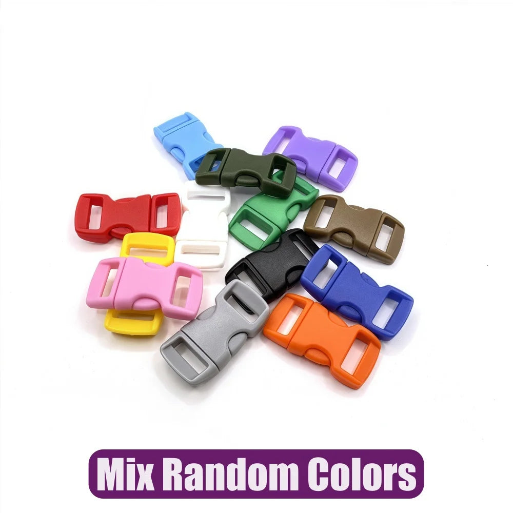 A collection of various colored plastic side-release buckles for paracord bracelet projects.