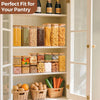 A display of airtight glass storage canisters filled with various grains and seeds on wooden shelves.