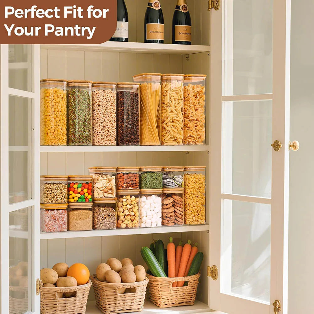 A display of airtight glass storage canisters filled with various grains and seeds on wooden shelves.