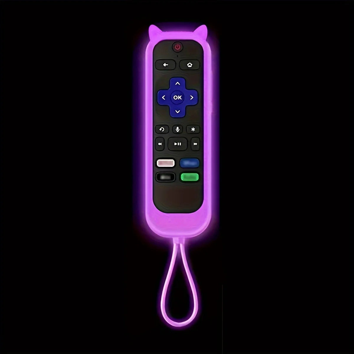 A purple glow-in-the-dark silicone cat ear remote control cover with a flexible cord.