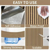Various views of brown plaid peel and stick wallpaper demonstrating self-adhesive, waterproof, strong stickiness, and scalabl