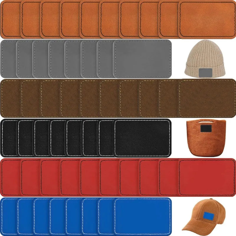 A collection of 10 faux leather hat patches in various colors including brown, gray, black, red, and blue, shown alongside a 