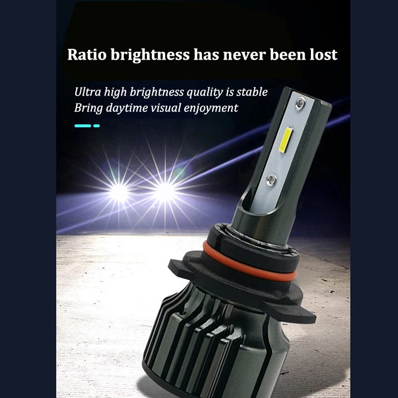 A close-up view of a high-performance LED headlight bulb with a cooling fan, demonstrating bright light output.