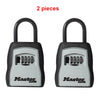 Two black portable combination key safes with silver locks and white bodies.