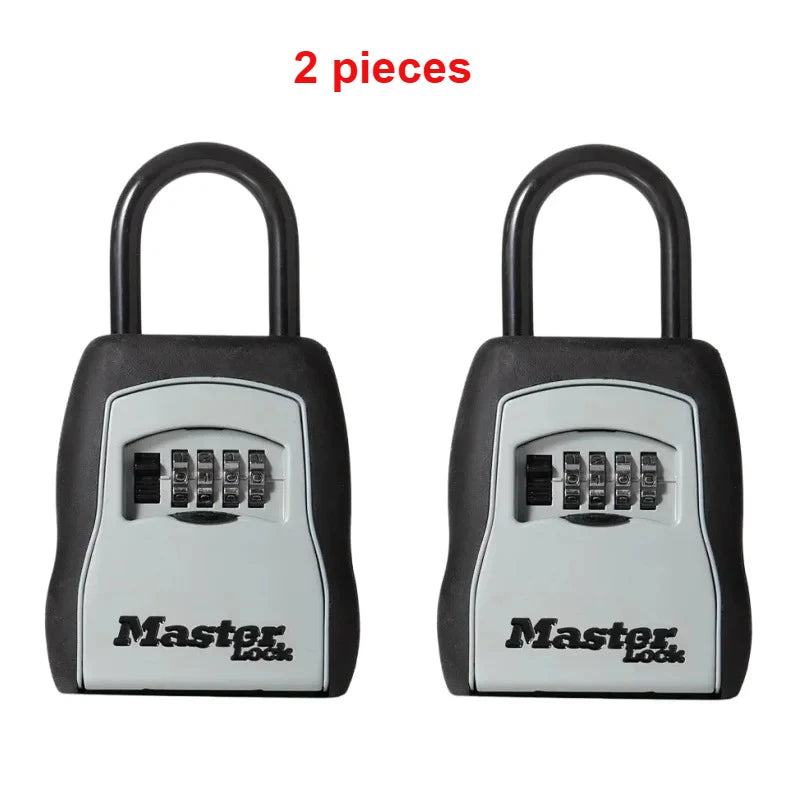 Two black portable combination key safes with silver locks and white bodies.