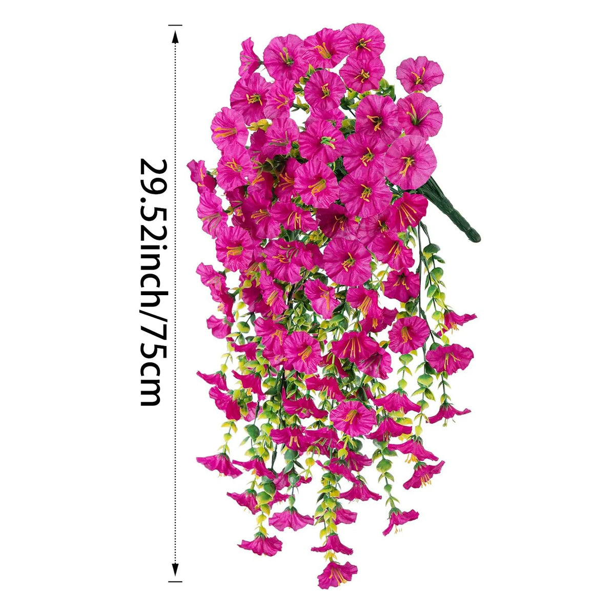 Disposición vertical de flores artificiales rosas vibrantes cayendo con hojas de eucalipto verde.